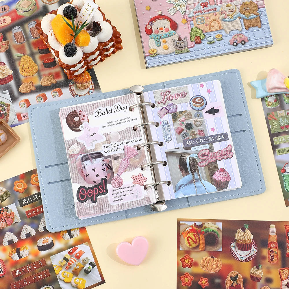 A pastel blue sticker book with illustrations and text featuring cute characters and themes.