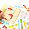 A wooden Montessori pegboard puzzle set with colorful wooden pegs and a curved piece of wood.