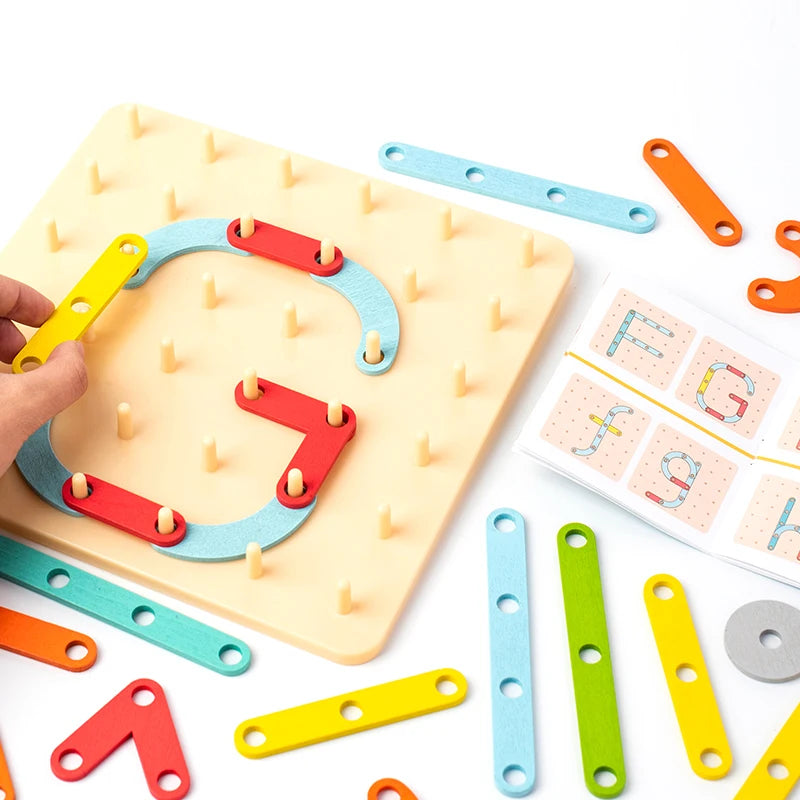 A wooden Montessori pegboard puzzle set with colorful wooden pegs and a curved piece of wood.