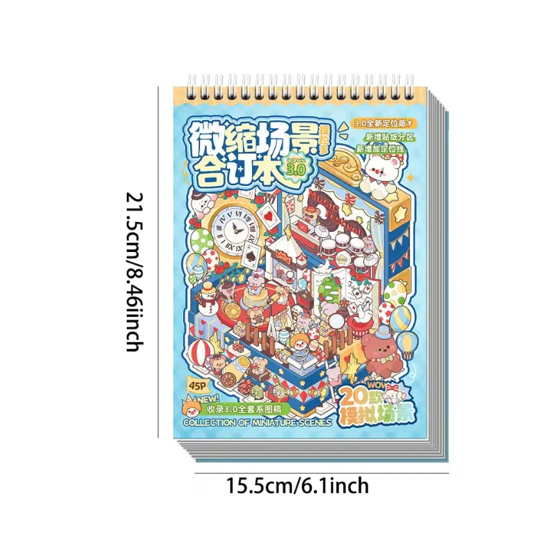 A colorful sticker book titled Miniature Scene 3D featuring various characters and scenes for scrapbooking and journaling.