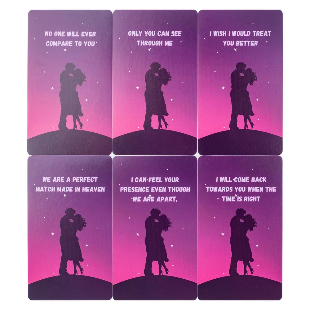 A set of six tarot cards featuring silhouettes of a couple against a pink background with inspirational relationship messages
