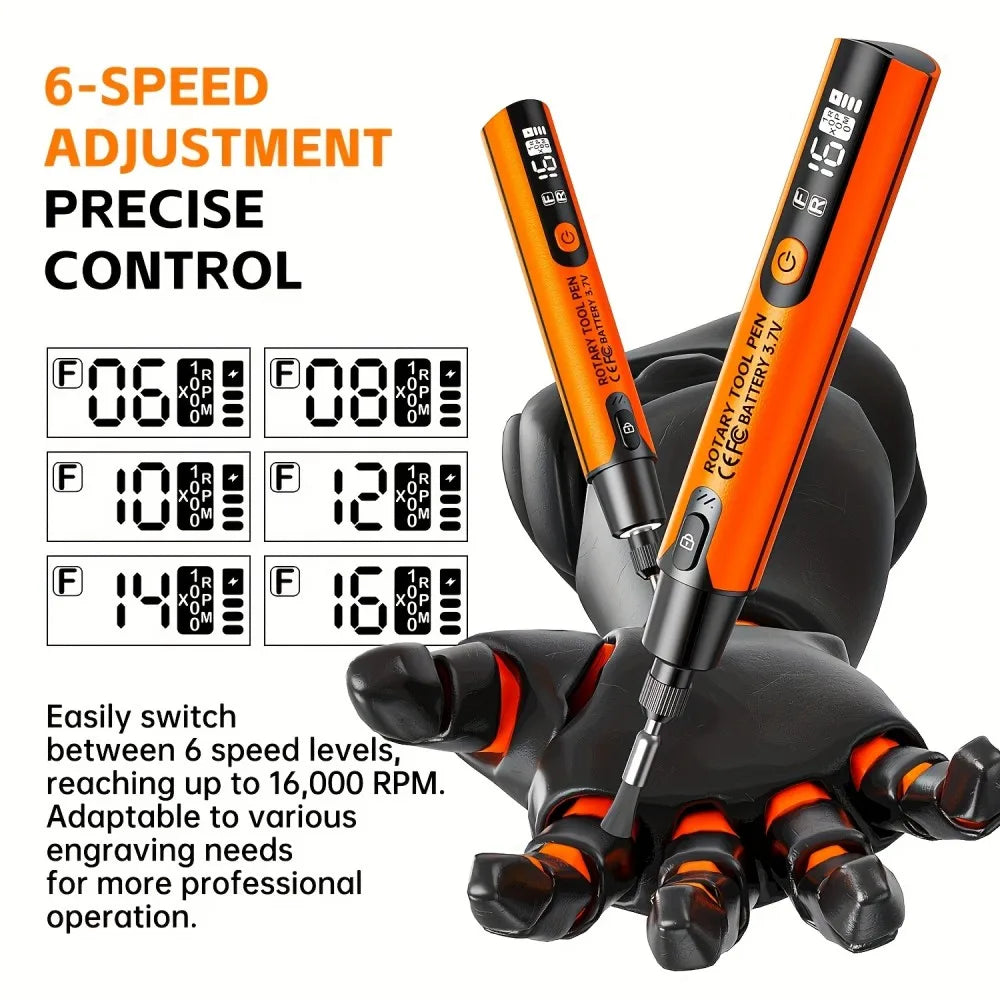 Orange cordless rotary tool kit with 6-speed adjustment and interchangeable sanding discs