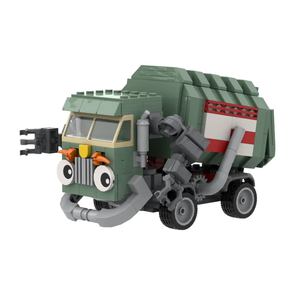 A green trash truck building block set with a working dump function.
