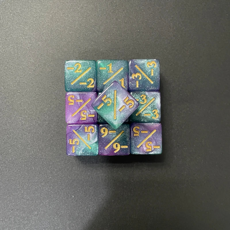 A set of ten dual-color dice showing positive and negative values, arranged in a grid.