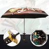 A dark umbrella with a Demon Slayer theme is shown, featuring a katana blade design and a character illustration.