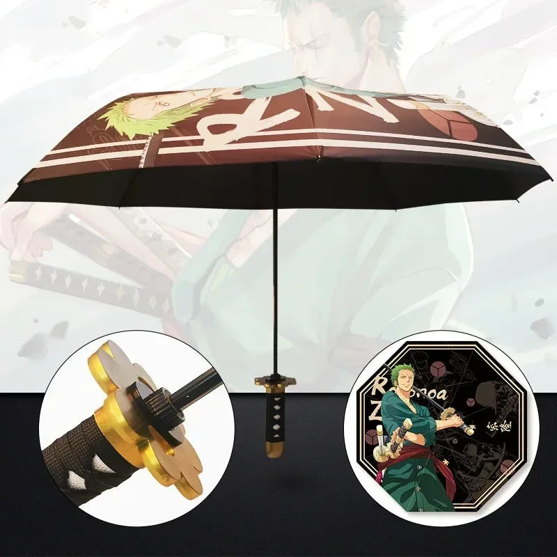 A dark umbrella with a Demon Slayer theme is shown, featuring a katana blade design and a character illustration.