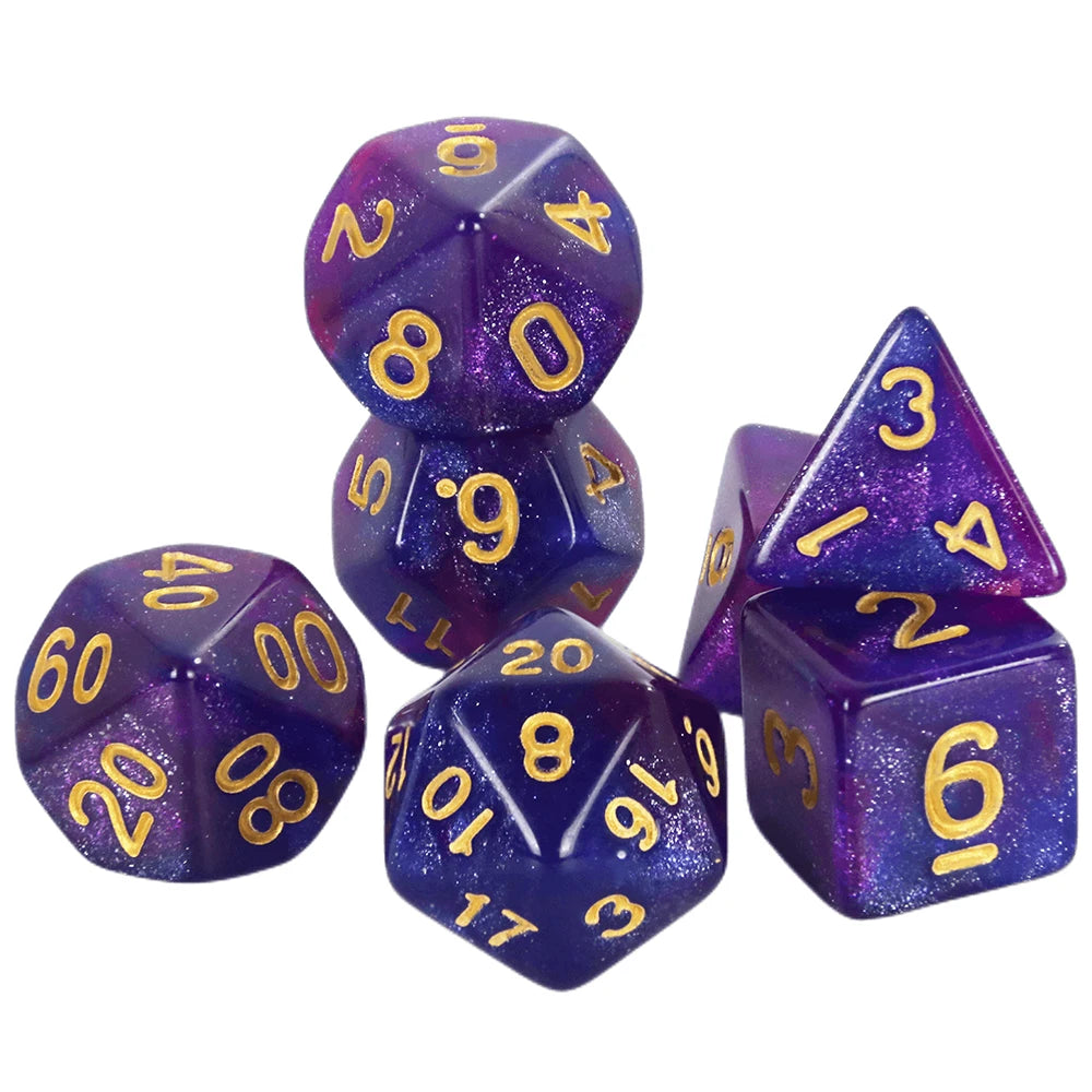 A set of purple polyhedral dice showing numbers 0 through 6 with a cosmic glitter effect