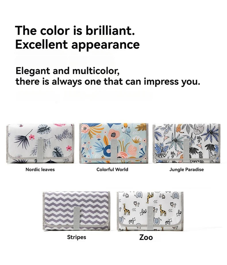 A collection of colorful patterned portable waterproof baby changing mats featuring Nordic leaves, Colorful World, Jungle Par