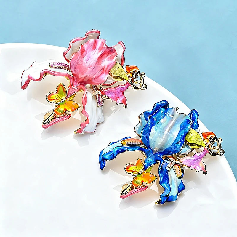 Vintage Pomegranate Flower Brooch with Rhinestone Accents