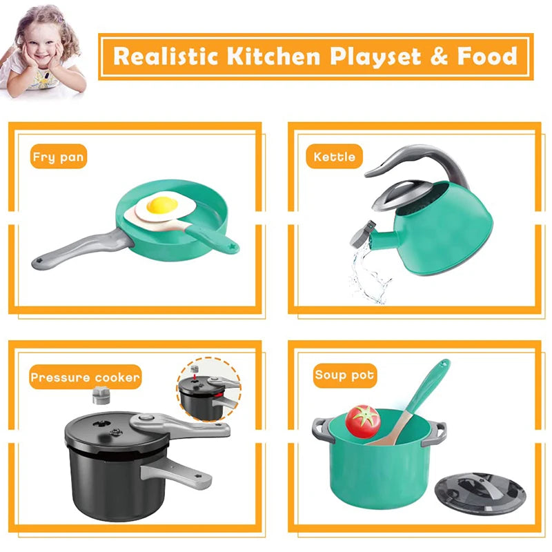 Realistic kitchen playset featuring a frying pan, kettle, pressure cooker, and soup pot for kids play