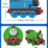 Diecast Thomas & Friends train toys in blue and green colors shown from the side.