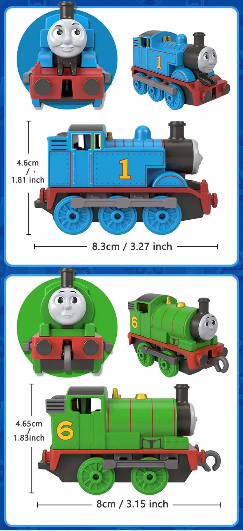 Diecast Thomas & Friends train toys in blue and green colors shown from the side.