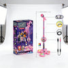 A purple K-Pop Demon Hunters karaoke microphone set with a stand and LED lights displayed on a white background.