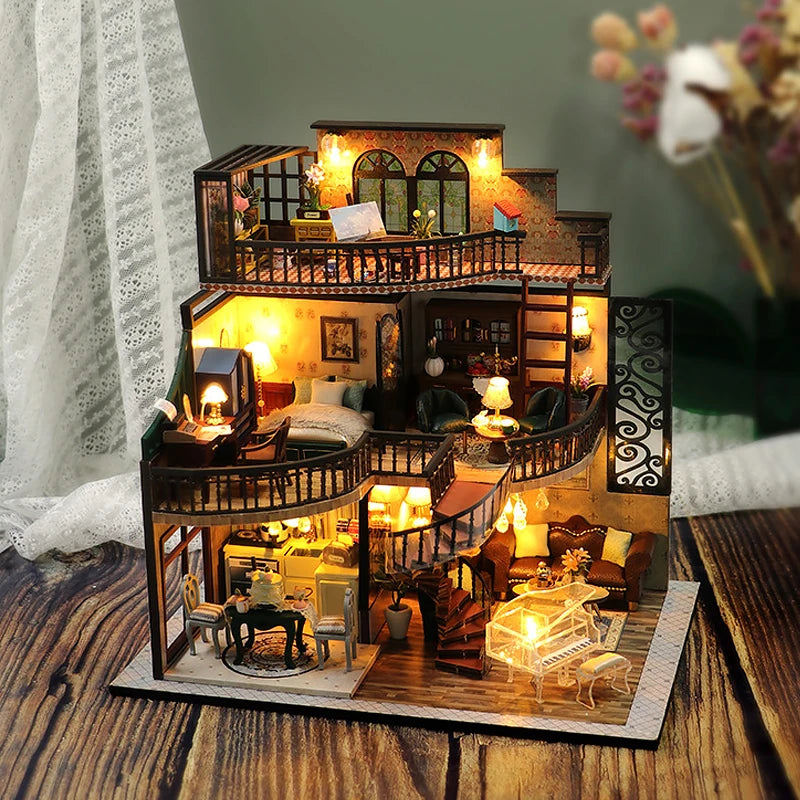 A detailed wooden miniature dollhouse assembly kit featuring a multi-story building with furniture and decorative elements.