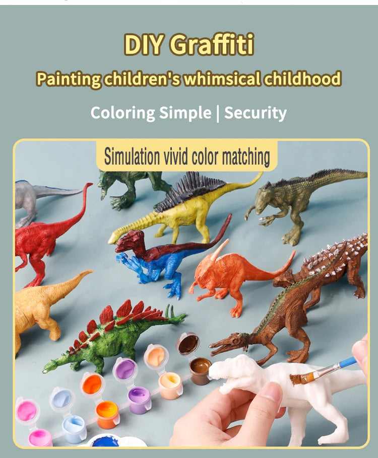 A set of dinosaur figures and various paint colors are displayed for a DIY painting activity.