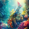 A vibrant underwater scene featuring a large, colorful crustacean and various marine flora and fauna.