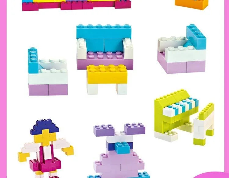 A collection of colorful building blocks and structures including a pink figure and various block arrangements.