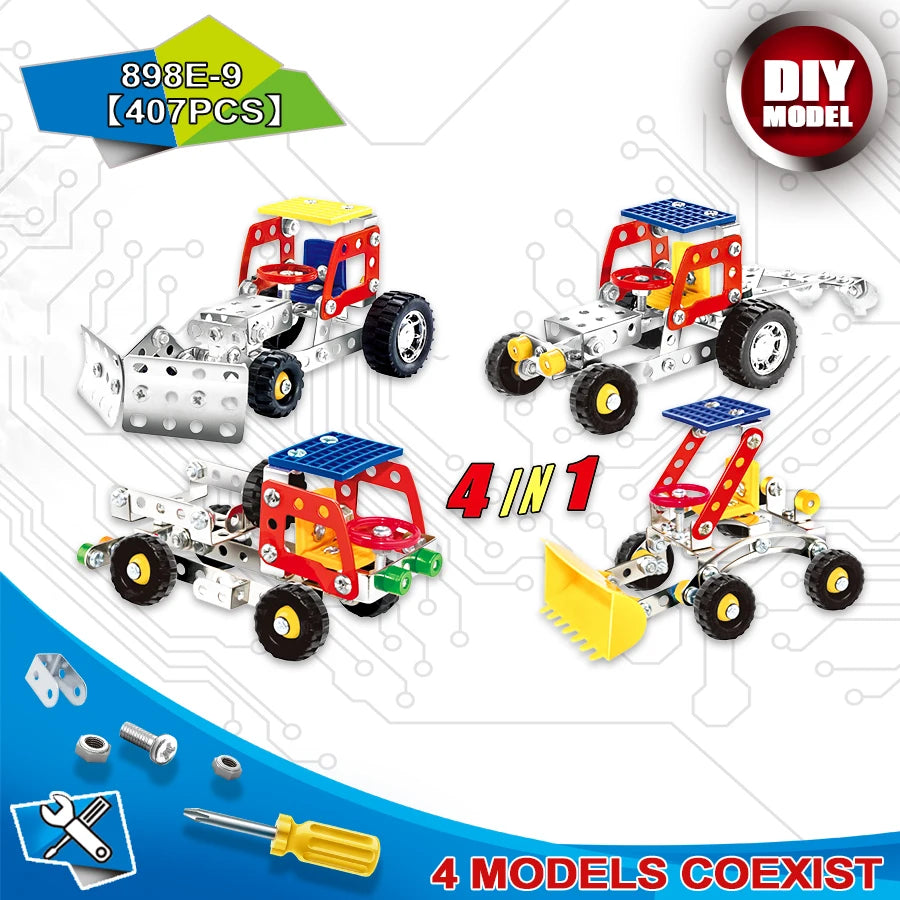 A set of four 4 in 1 DIY model vehicles built from metal parts with included screwdriver tools.