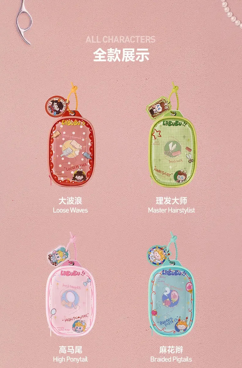 A collection of four LABUBU characters hair salon series doll bags and pendant keychains featuring Loose Waves, Master Hairst