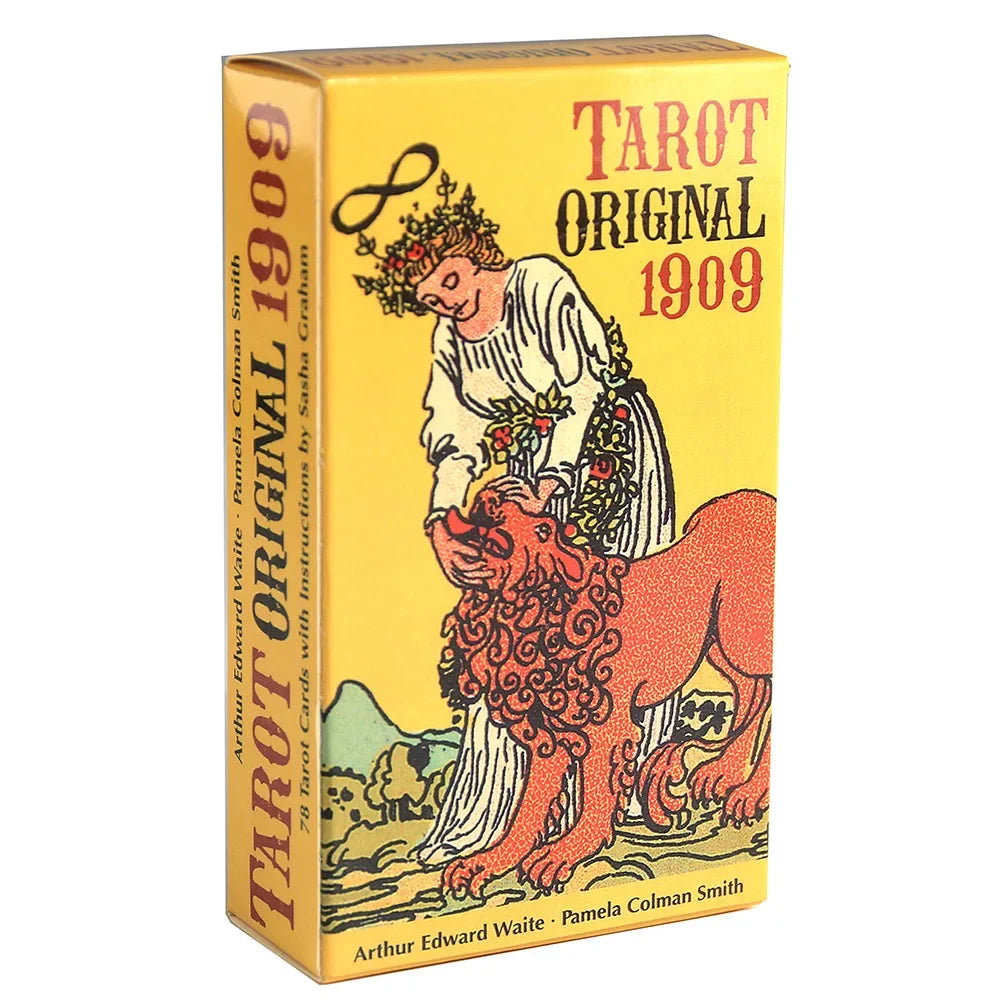 A box of the Tarot Original 1909 deck featuring an illustration of a crowned figure and a lion.