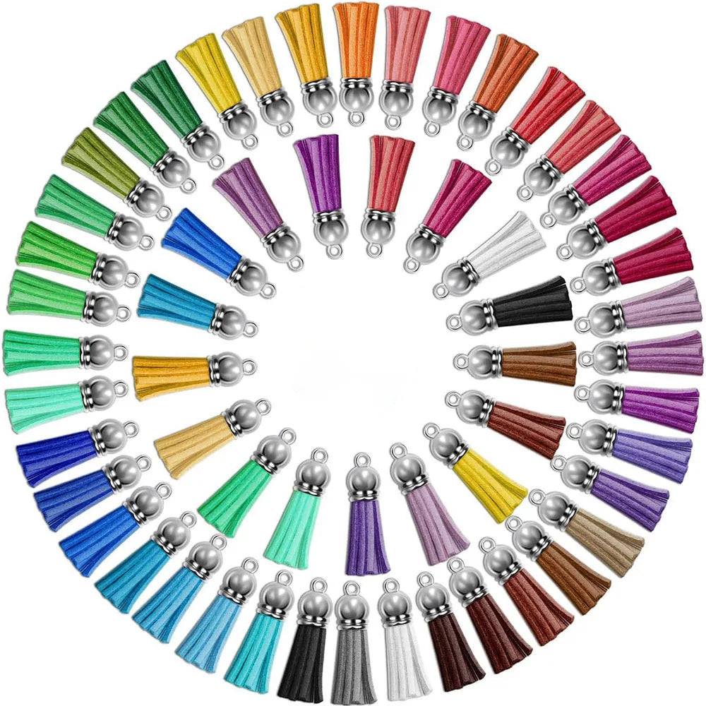 A circular arrangement of mixed color velvet tassels for DIY jewelry and decor