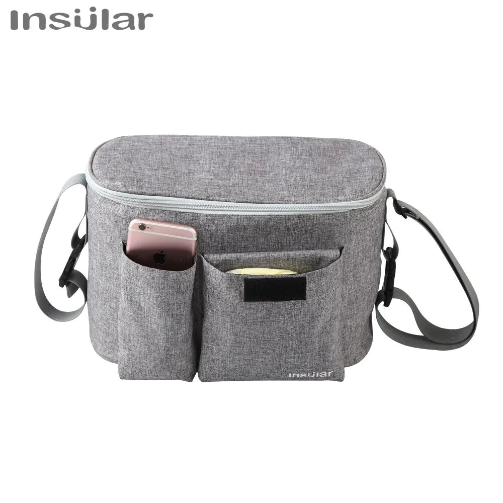 A gray Insular stroller organizer bag with a built-in bottle holder and shoulder straps.