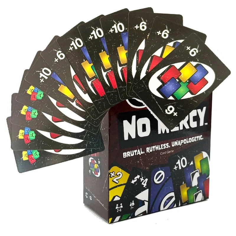 A box of No Mercy card game showing several cards with plus values and a title on the front.