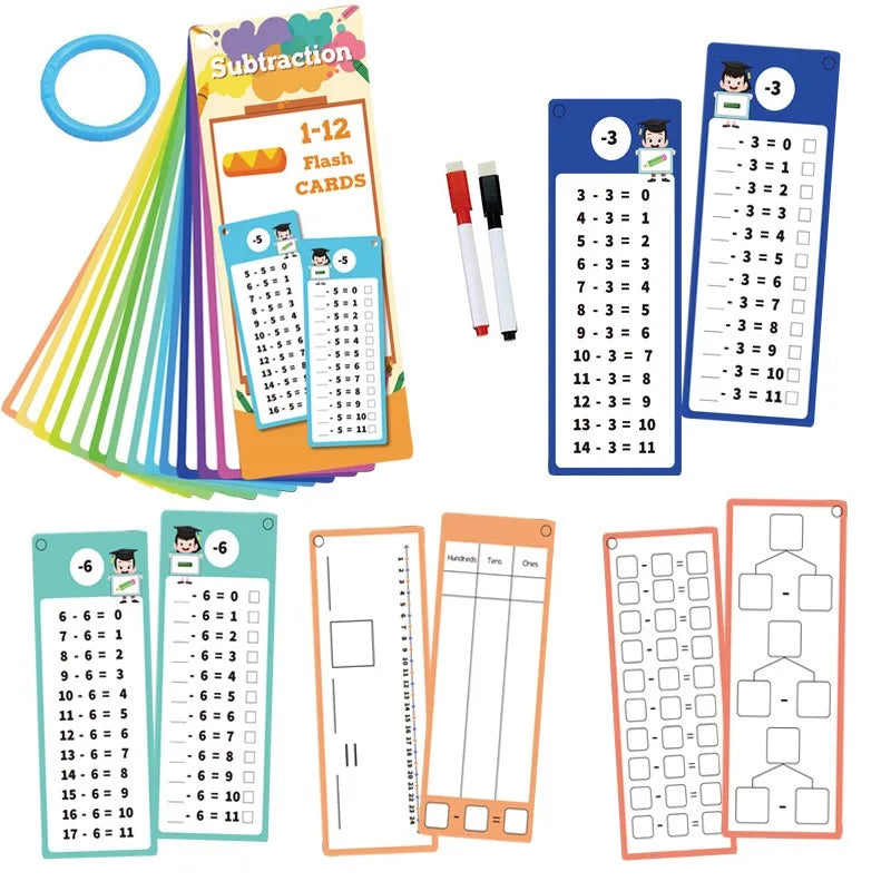 A set of math flash cards for 1st to 12th grade subtraction practice featuring various numbers and operations.