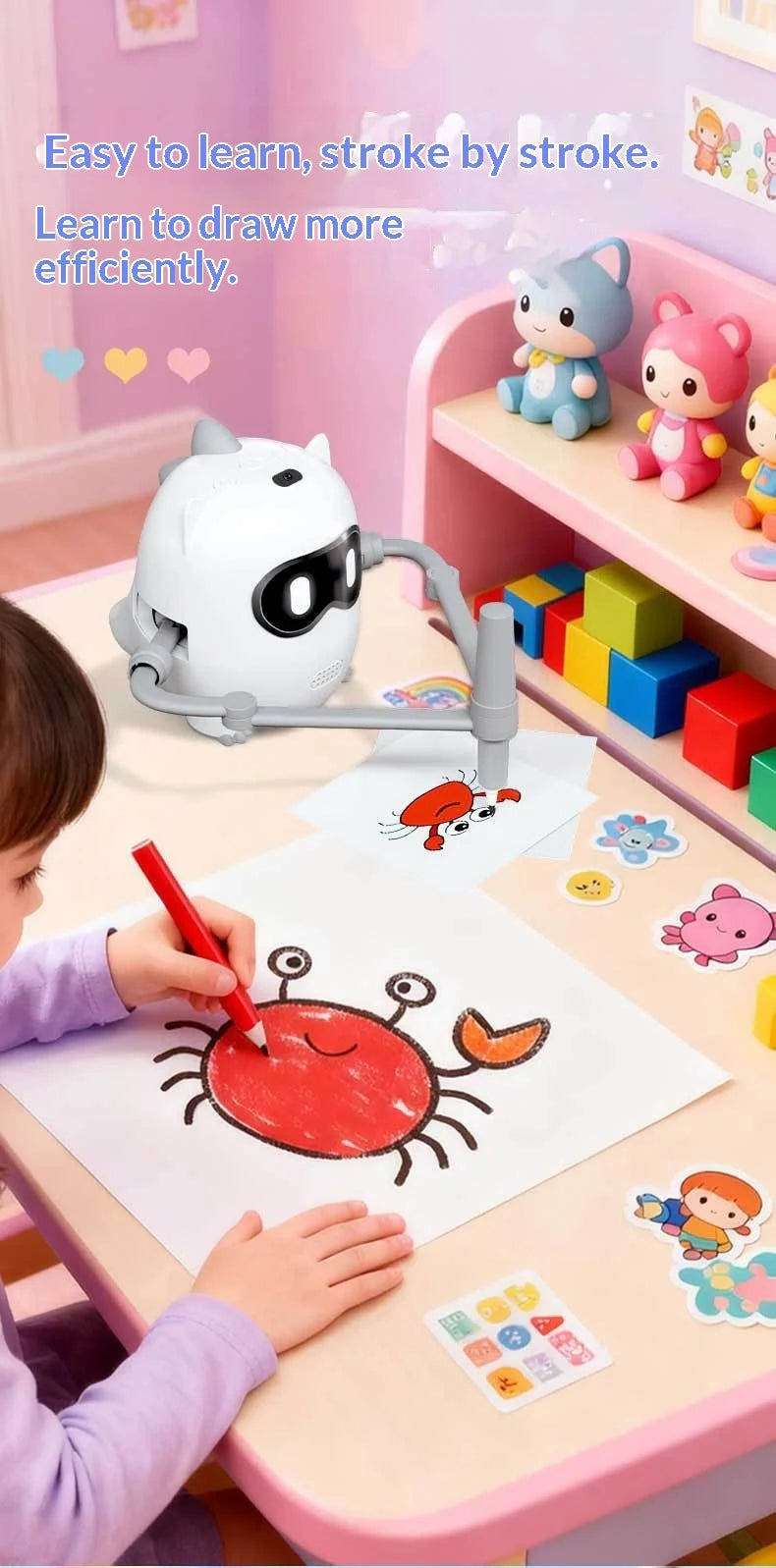 A child is drawing a dinosaur on paper using an interactive robot toy for toddlers.