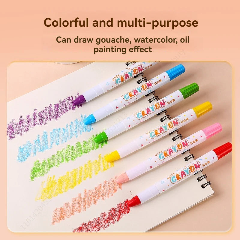 A set of colorful and multi-purpose twistable gel crayons demonstrating various drawing and painting effects on paper.
