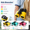 A pair of yellow and black kids binoculars are shown being held by a person, with various product features listed below.
