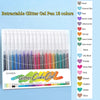 A set of 18 retractable glitter gel pens in various colors displayed in a clear plastic case.