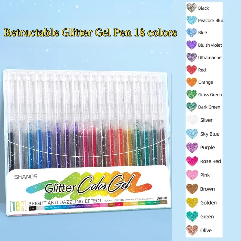 A set of 18 retractable glitter gel pens in various colors displayed in a clear plastic case.
