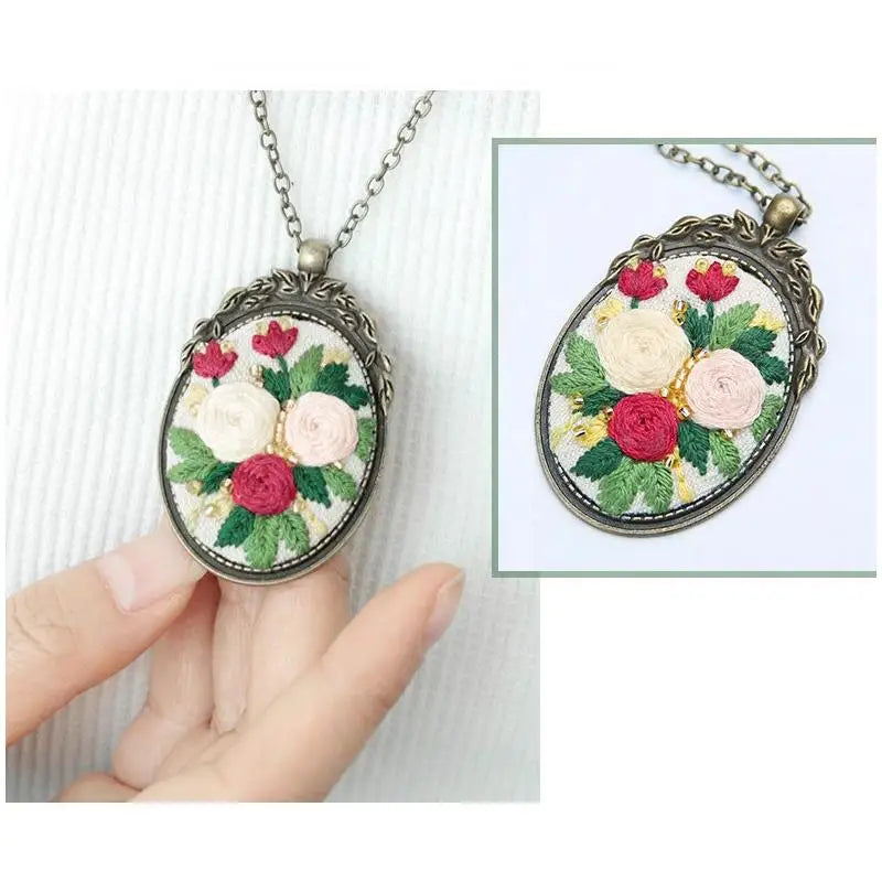 Embroidery Necklace Pendant Starter Kit with Hoop and 3 Patterns