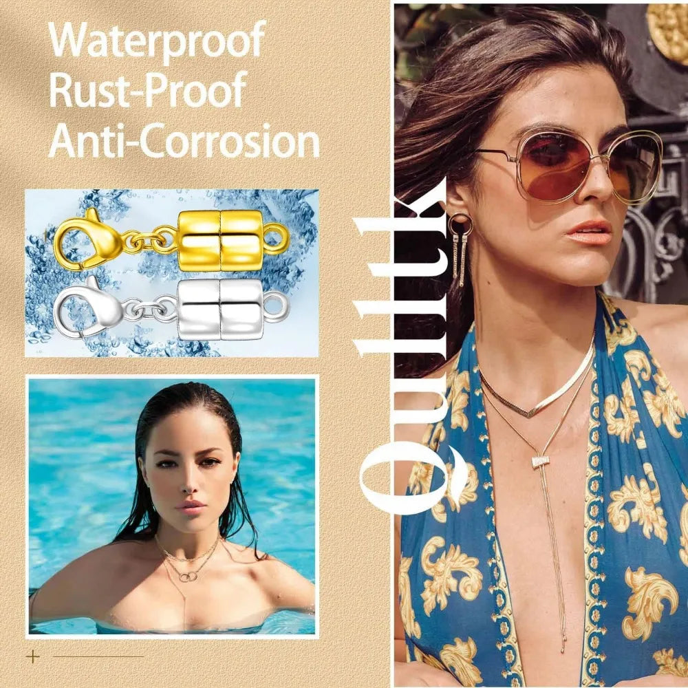 Close-up of gold and silver magnetic jewelry clasps for necklaces and bracelets shown alongside a model wearing a gold neckla