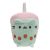 A soft pastel pink and mint green plush cat toy with large eyes and rounded ears.