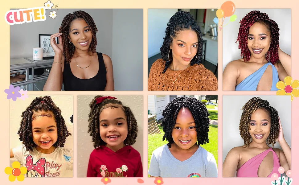 A collage of crochet hair products featuring various styles and colors for black women.