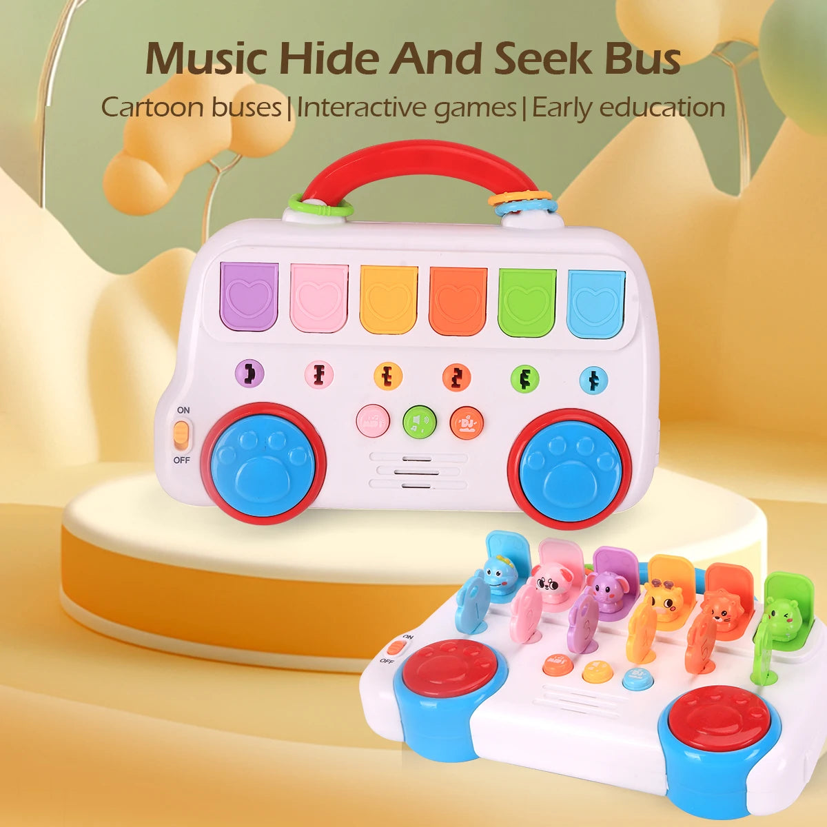 A white music hide and seek bus toy with colorful buttons and a separate set of pop-up animal figures.