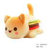 An orange plush cat doll with a smiling face, lying down and holding sandwich-shaped food accessories.