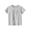 A light gray t-shirt featuring a cute rabbit graphic with a gold wreath detail.