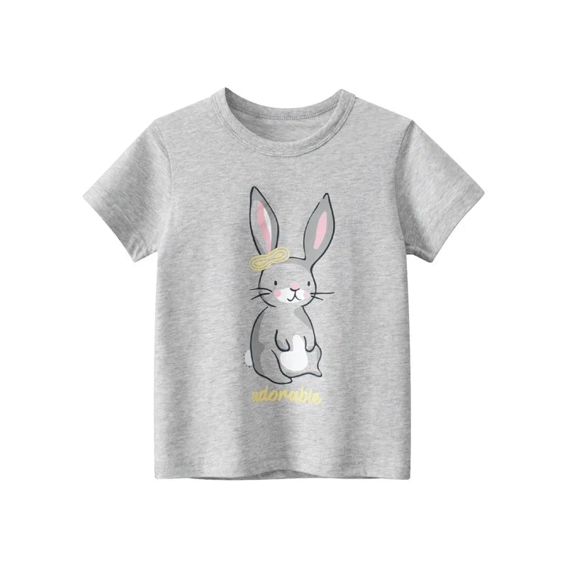 A light gray t-shirt featuring a cute rabbit graphic with a gold wreath detail.