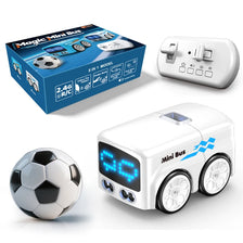 A white Mini Bus RC toy vehicle with blue lights and wheels is shown next to its box and a soccer ball.