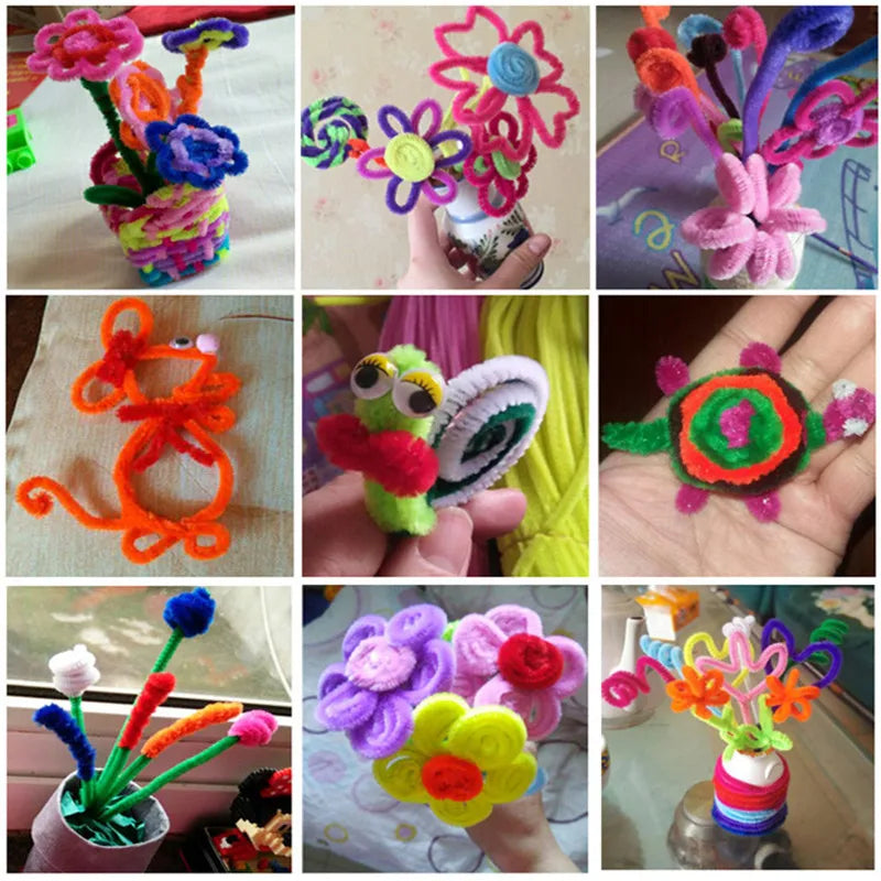 A collection of colorful chenille pipe cleaners and floral elements used for DIY crafting projects.