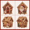 A set of DIY pearl art Christmas cottage ornaments featuring festive holiday scenes and rustic wooden structures.