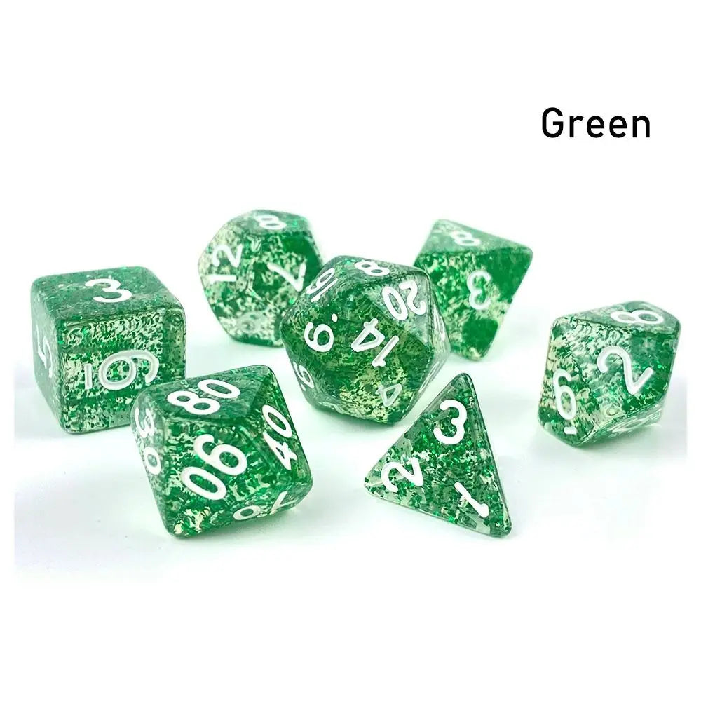 A set of seven green polyhedral acrylic dice, including d6s and d10s, displayed on a white surface.