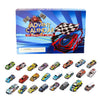 A box of a 24-day car advent calendar featuring various toy vehicles.