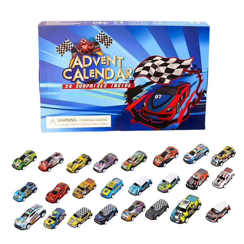 A box of a 24-day car advent calendar featuring various toy vehicles.