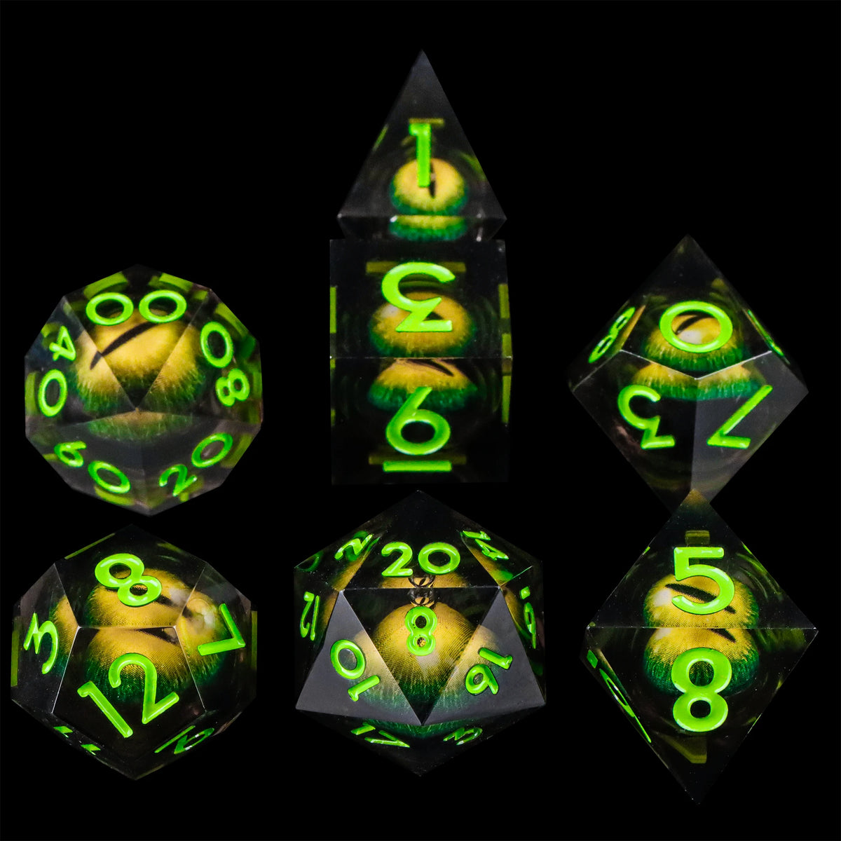 A set of seven sharp edge resin dice in various shapes and colors displayed against a black background.