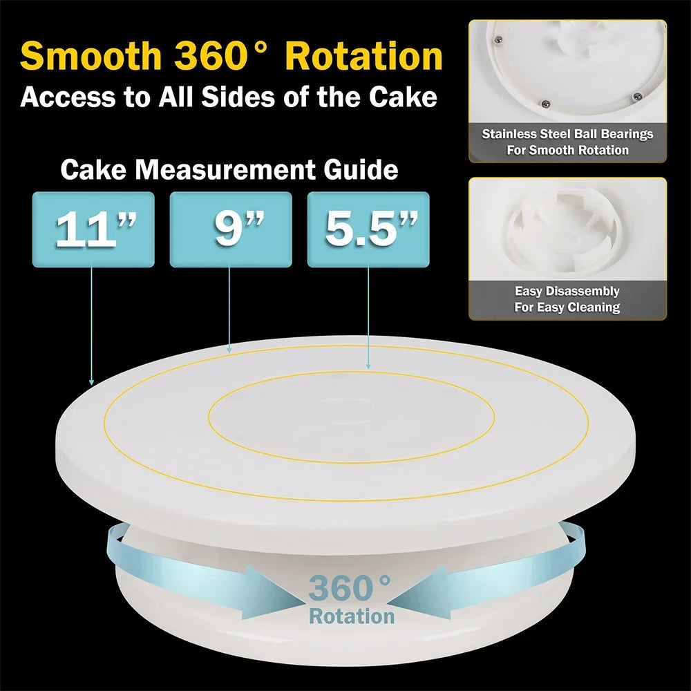 A white cake turntable with a 360 degree rotation feature and accompanying tools for decorating cakes.