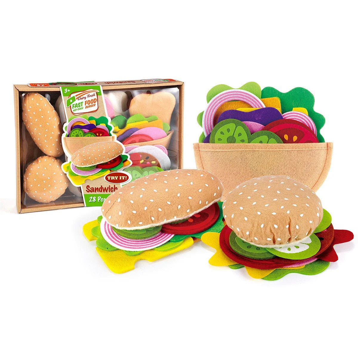 28-Piece Felt Burger & Sandwich Play Food Set for Kids